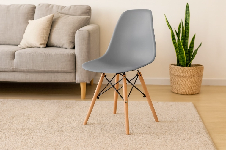 Nowoczesne szare krzesło jadalniane na drewnianych nogach