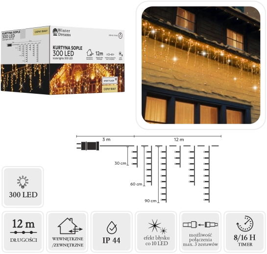 Łańcuch świetlny LED sople 300 LED, ciepła biel z efektem zimnego błysku, 12 m