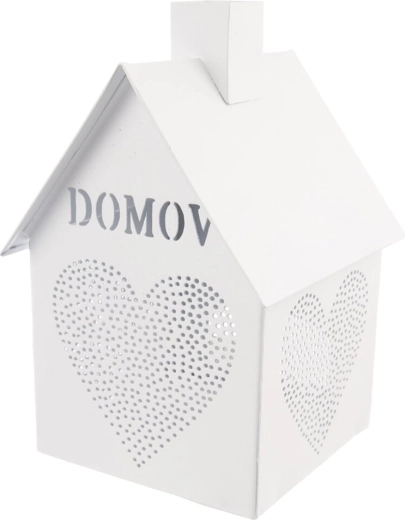 Biały metalowy świecznik domek z sercem „Domov” 17 cm