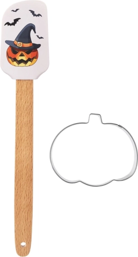 Halloweenowa silikonowa szpatułka kuchenna z drewnianą rączką i foremką do wykrawania dyni