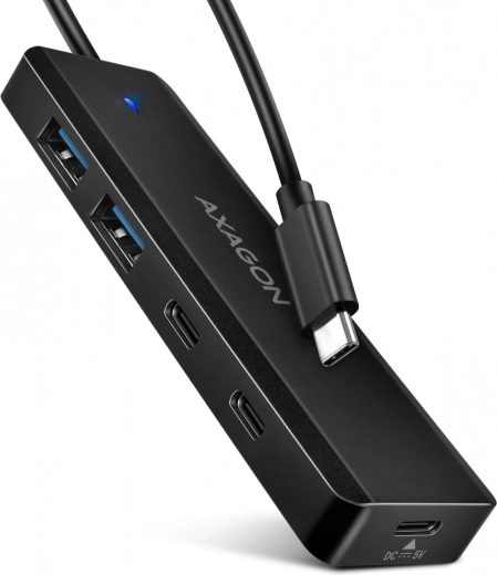 Podróżny hub USB‑C AXAGON 4‑portowy 5Gbps (2× USB‑A, 2× USB‑C) z zasilaniem USB‑C i kablem 19 cm