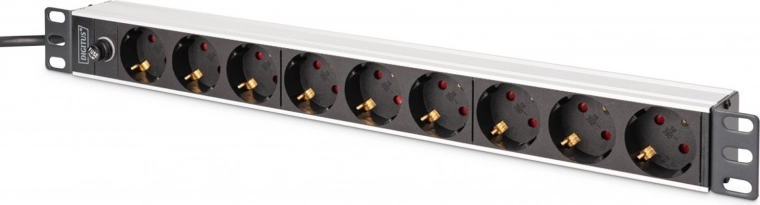 PDU listwa zasilająca do szafy rack 19" z bezpiecznikiem, 9x Schuko (45°), kabel 2 m z IEC C14, 10 A, aluminiowa