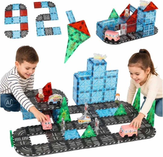 Magnetyczne klocki konstrukcyjne 3D – miasto z autkami – 91 elementów