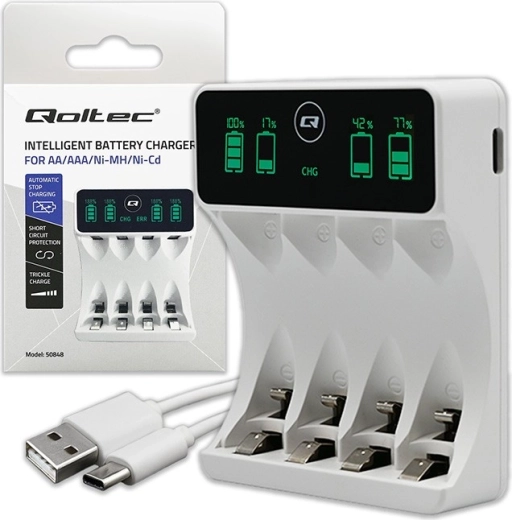 Ładowarka do akumulatorów Ni‑MH AA/AAA z wyświetlaczem LCD i kablem USB‑C, biała