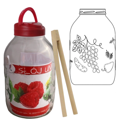 Słoik 5 l z plastikową pokrywką i szczypcami do owoców