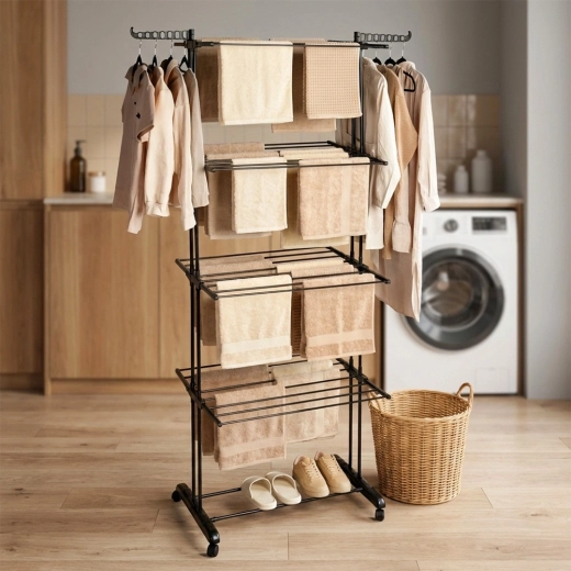 Boczne ramiona na wieszaki i dolna półka na buty