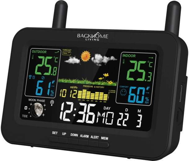 BackHome Living wielofunkcyjna stacja meteorologiczna RCC zasilana z sieci i na baterie, czarna 16,5 × 4,5 × 13,5 cm