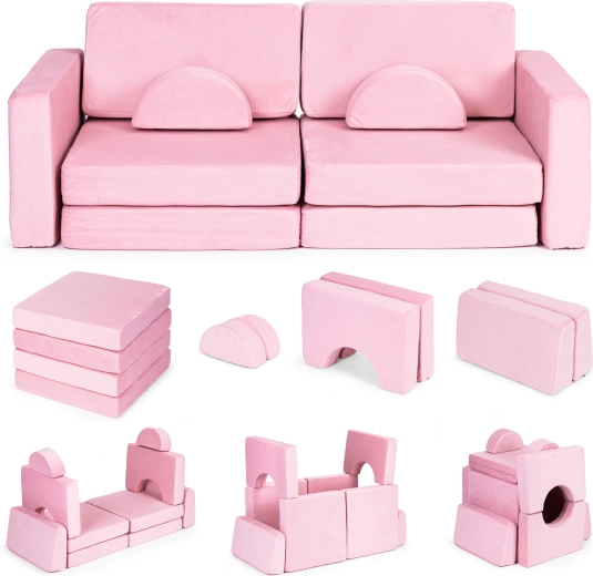 Składana modułowa dziecięca sofa dla 2 dzieci, 10 poduszek ECOTOYS – różowa