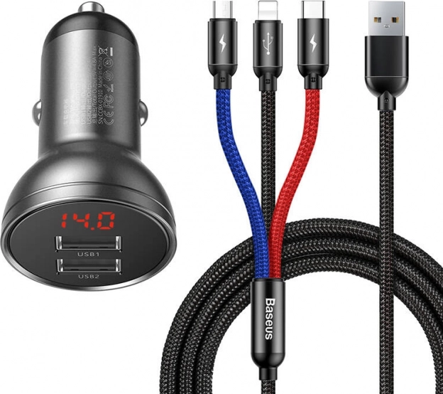 Ładowarka Samochodowa Baseus z Wyświetlaczem i Kablem USB 3w1 24W