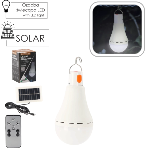Solarná wisząca żarówka LED 12 W, zimna biel, 7,6 × 7,6 × 14,6 cm