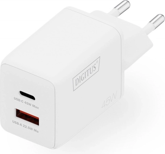 Ładowarka sieciowa GaN II 45 W, 1× USB‑C i 1× USB‑A, PD 3.0 i QC 3.0, biała