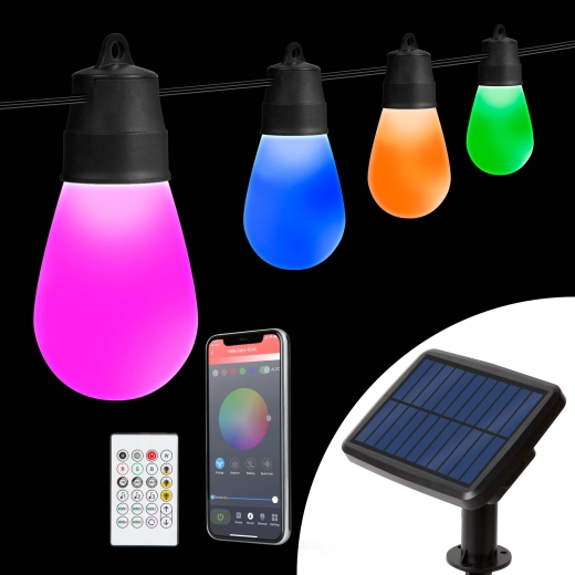 Solarny łańcuch świetlny z 15 żarówkami RGBIC LED, 6,5 m, Bluetooth