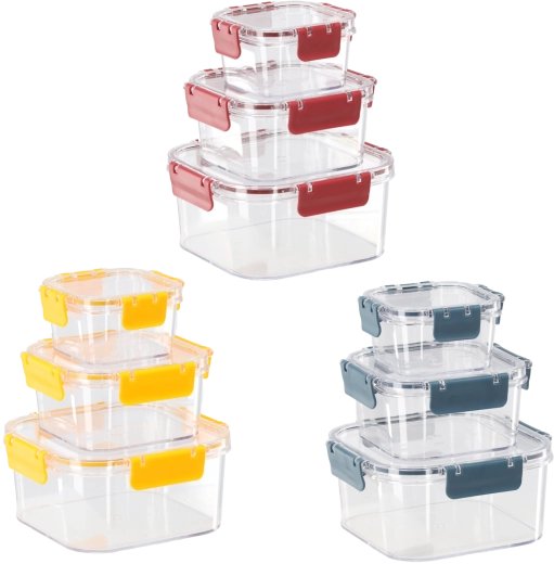 Zestaw kwadratowych pojemników na żywność z uszczelnianą pokrywką 0,4 l + 0,9 l + 1,8 l