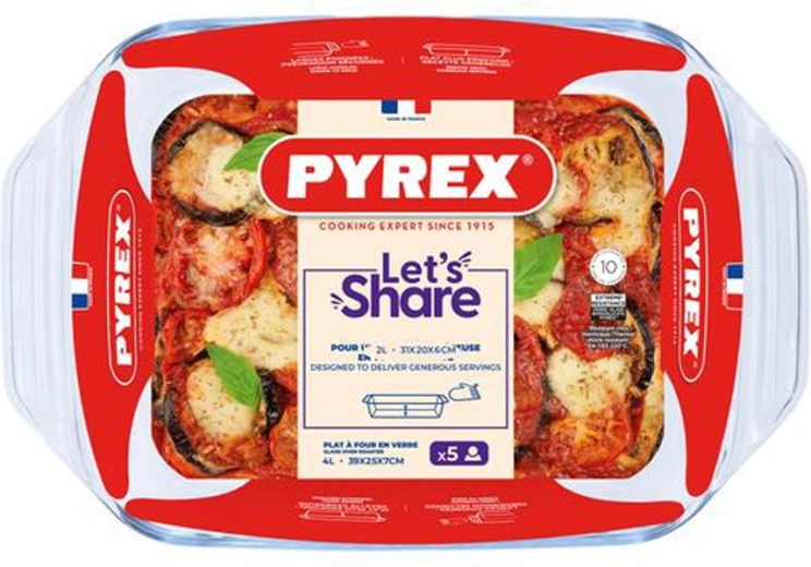 Szklane naczynie żaroodporne z uchwytami Pyrex 39 × 25 cm, 4 l, borokrzemowe