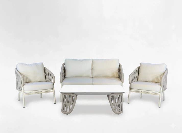 Ogrodowy aluminiowy zestaw wypoczynkowy 2+1+1 z ławą kawową, beżowy