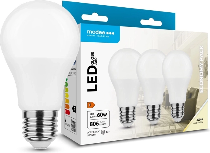 Modee LED żarówka Globe A60 8,5 W E27, 806 lm, neutralna biała, opakowanie 3 szt.