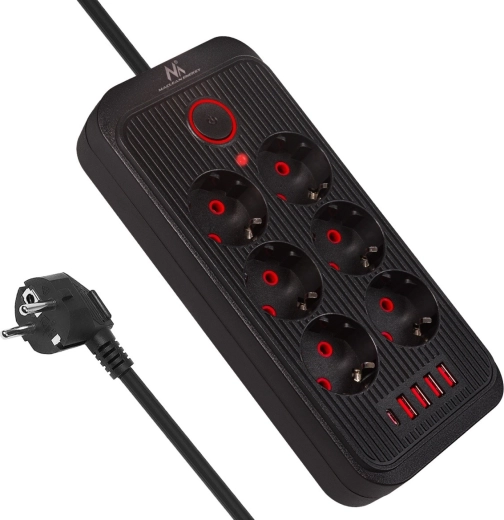 Listwa przeciwprzepięciowa z przedłużaczem, 6 gniazd z USB-A i USB-C, 2500 W, czarna