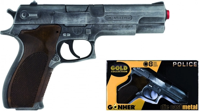 Policyjny pistolet Gold Edition srebrny metalowy 8 strzałów