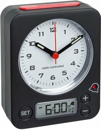 Bezprzewodowy budzik TFA COMBO z cyfrowym ustawianiem, czarno‑czerwony