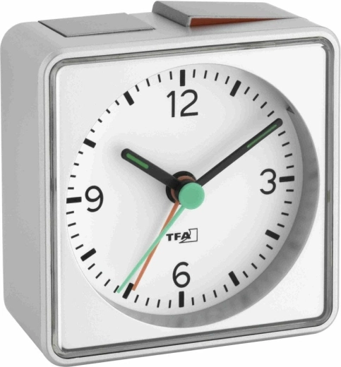 TFA Push analogowy budzik z cichym mechanizmem, srebrny