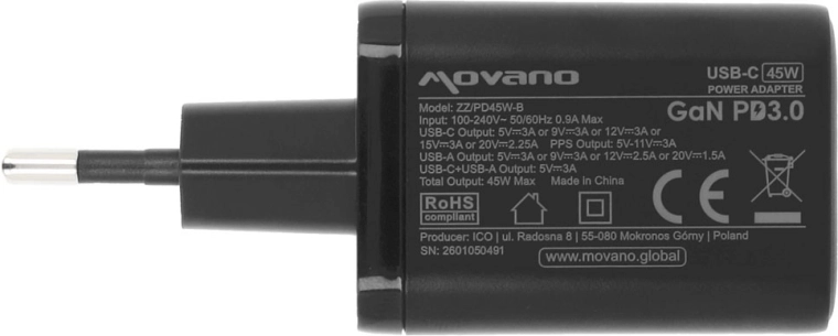 Szybkie ładowanie do 45 W (USB-C PD 3.0 + PPS)
