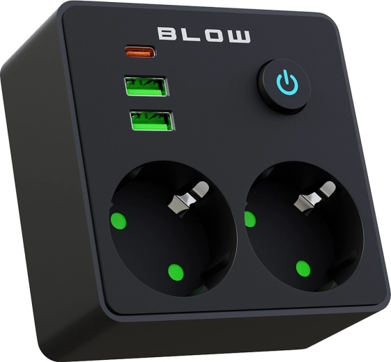 Rozgałęźnik gniazdkowy BLOW z 2 gniazdami, 2× USB i USB-C, czarny