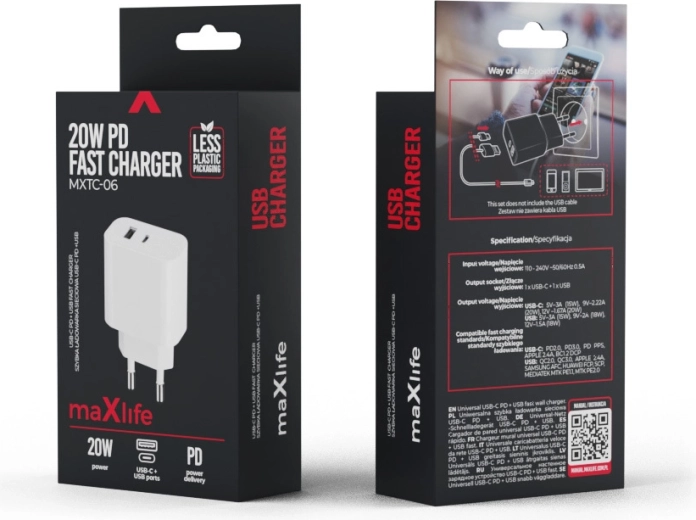 Maxlife ładowarka PD/QC 20 W, 1× USB‑C + 1× USB, biała