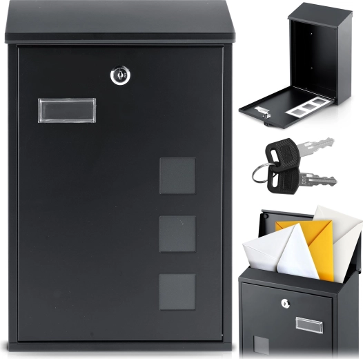 Skrzynka pocztowa metalowa 39,5 × 25,5 × 12 cm czarna z górnym wrzutem