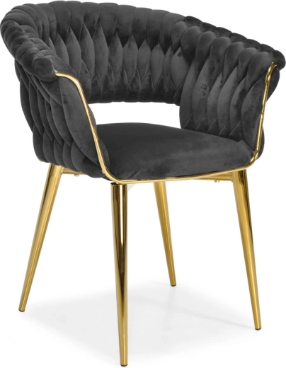 Tapicerowane aksamitne krzesło do jadalni i salonu, czarne ze złotymi nogami i plecionym oparciem