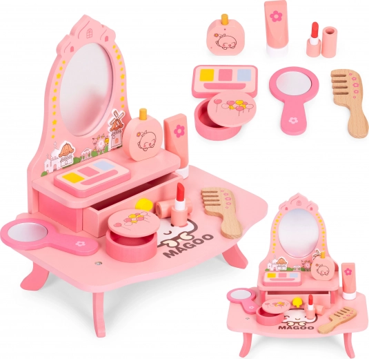 Drewniana toaletka dla dzieci z lustrem i szufladą, 7 akcesoriów ECOTOYS
