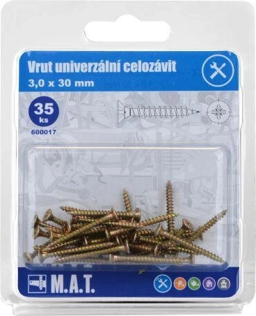 Uniwersalny wkręt z pełnym gwintem 3,0 × 30 mm, ocynk, 35 szt.