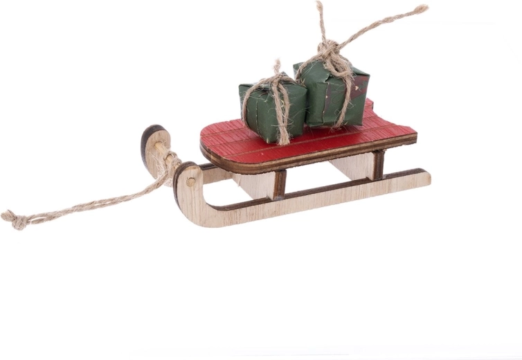 Dekoracyjne drewniane sanki beżowo-czerwone 11 cm