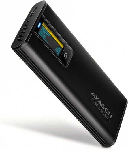 Axagon EEM2-SD2B zewnętrzna aluminiowa obudowa dla M.2 NVMe/SATA, USB-C 3.2 Gen 2, wyświetlacz LED, czarna