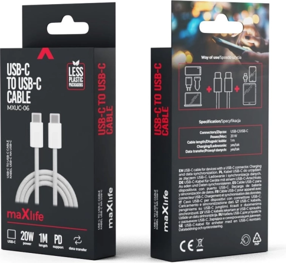 Nylonowy kabel Maxlife USB-C – USB-C 1 m 20 W szary