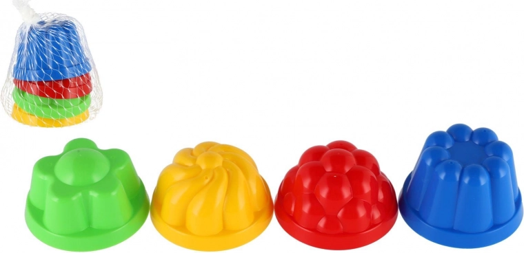 Plastowe foremki do piasku – okrągłe babeczki 8 cm, zestaw 4 szt. w siatce