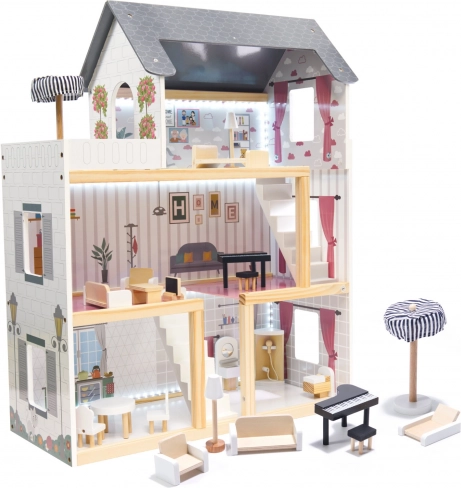 Drewniany domek dla lalek z MDF, czarny, 78 cm z oświetleniem LED