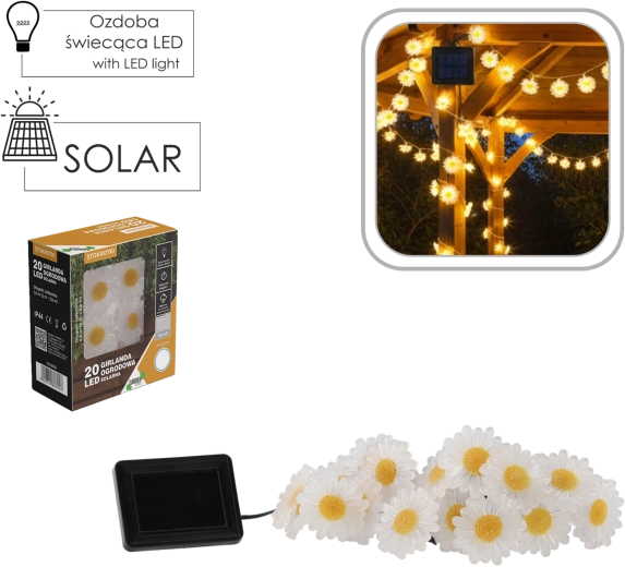 Solarny girland ogrodowy stokrotki 20 LED, ciepła biel, 2 + 3,8 m