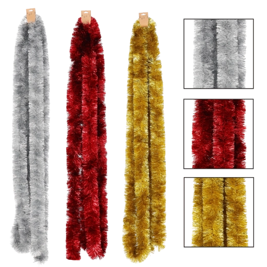 Świąteczny łańcuch dekoracyjny 6 m w kolorach czerwonym, złotym i srebrnym