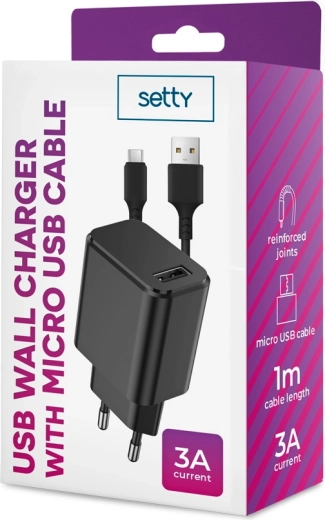 Ładowarka sieciowa SETTY 1x USB 3A czarna + kabel microUSB 1 m