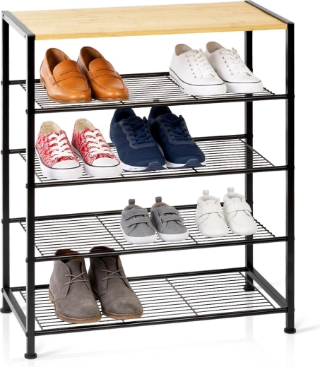 Czarny metalowy stojak na buty Vilde z 5 półkami i bambusowym blatem 60 × 30 × 74 cm
