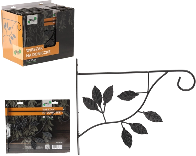 Ścienny wieszak na donicę 31 × 25 cm – czarny, motyw liści