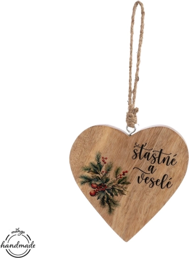 Zawieszane serce z drewna mango „Szczęśliwych i wesołych Świąt” - 1 szt.