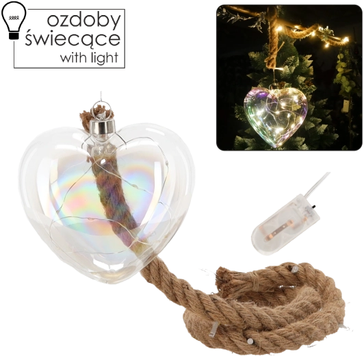 Szklana dekoracja w kształcie serca z oświetleniem LED i timerem