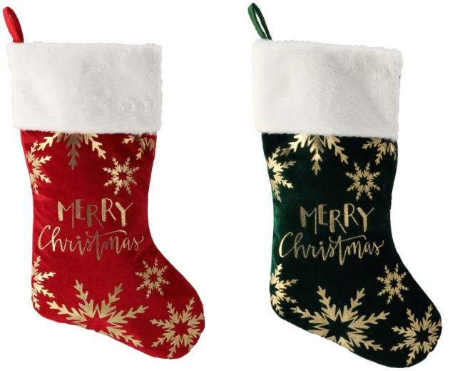 Świąteczna skarpeta na prezenty 50 cm czerwona/zielona z motywem choinki i napisem Merry Christmas