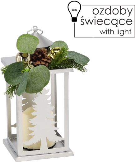 Świąteczny metalowy lampion z choinkami i świeczką LED, srebrny
