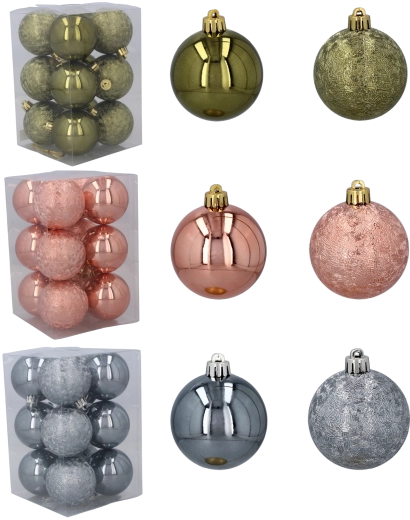 Zestaw plastikowych ozdób choinkowych 6 cm – oliwkowe, miedziane i grafitowe, 12 szt.