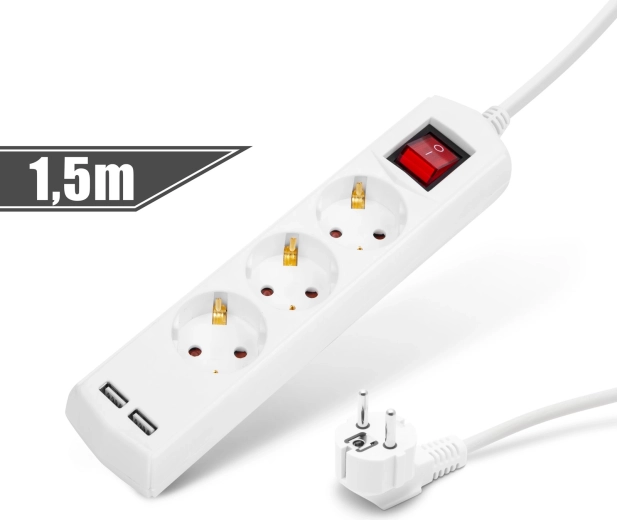Przedłużacz z 3 gniazdami, 2 portami USB i wyłącznikiem, 1,5 m