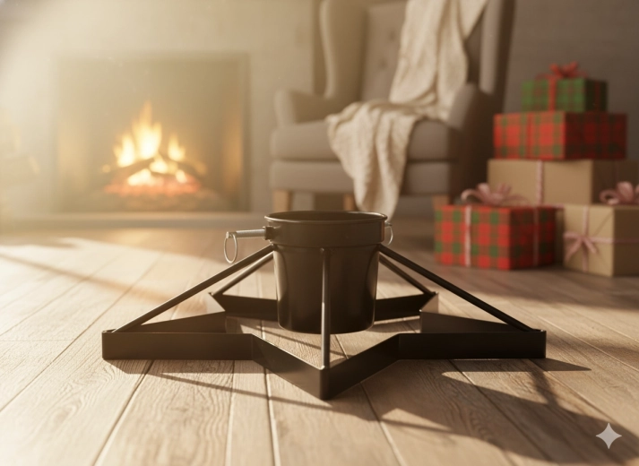 Metalowy stojak na choinkę z zbiornikiem na wodę, czarny