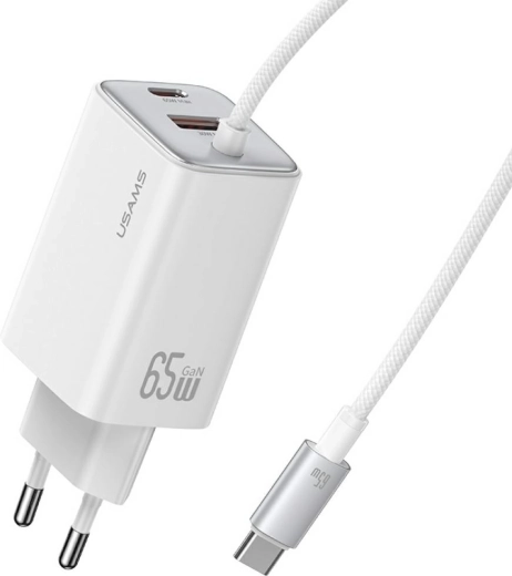 Usams JC Series 65 W GaN ładowarka sieciowa ze zintegrowanym kablem USB‑C (2× USB‑C, 1× USB‑A), biała