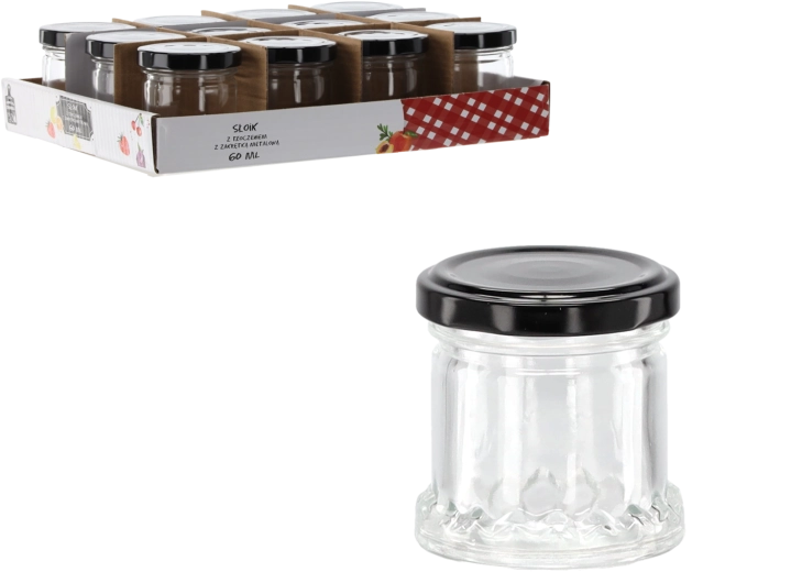 Szklany słoik 60 ml z tłoczeniem i czarną metalową zakrętką